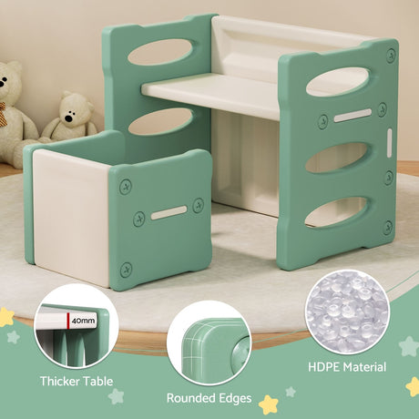 Kids multipurpose table and two chairs set in green