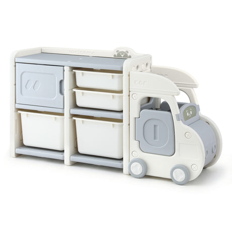White and blue car shaped kids toy storage organiser - view 1