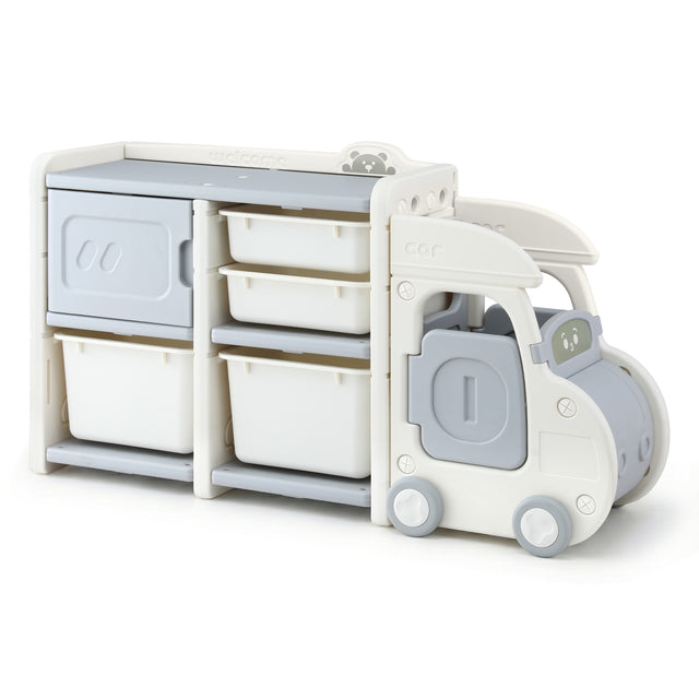 White and blue car shaped kids toy storage organiser - view 1