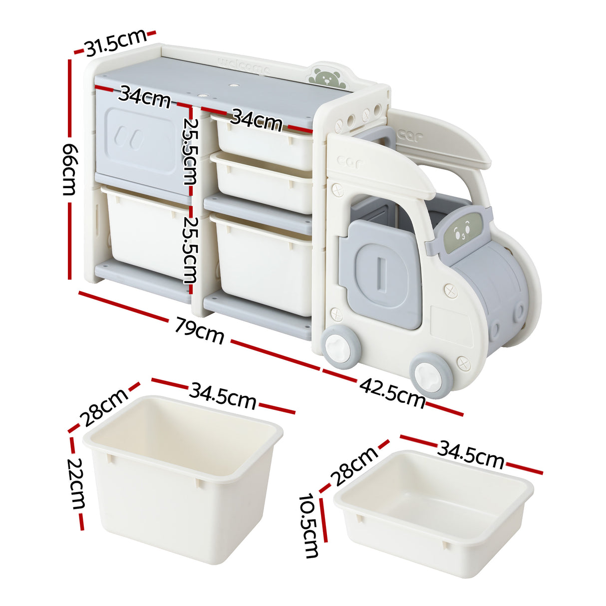 White and blue car shaped kids toy storage organiser - view 2