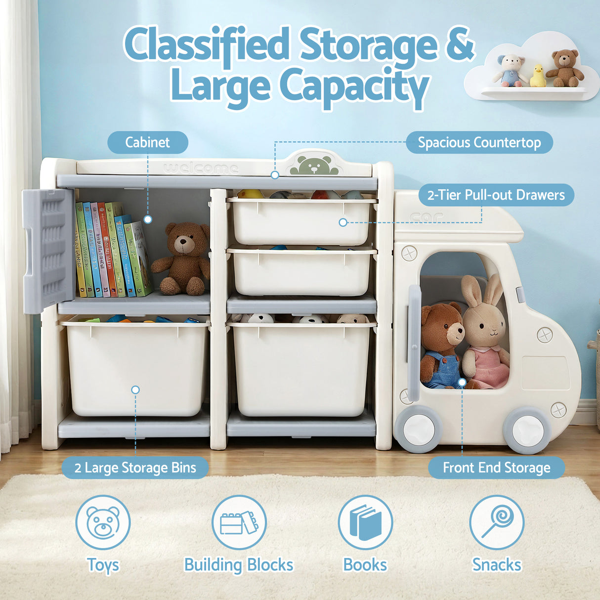 White and blue car shaped kids toy storage organiser - view 4