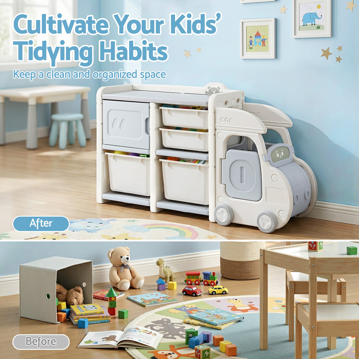 White and blue car shaped kids toy storage organiser - view 5
