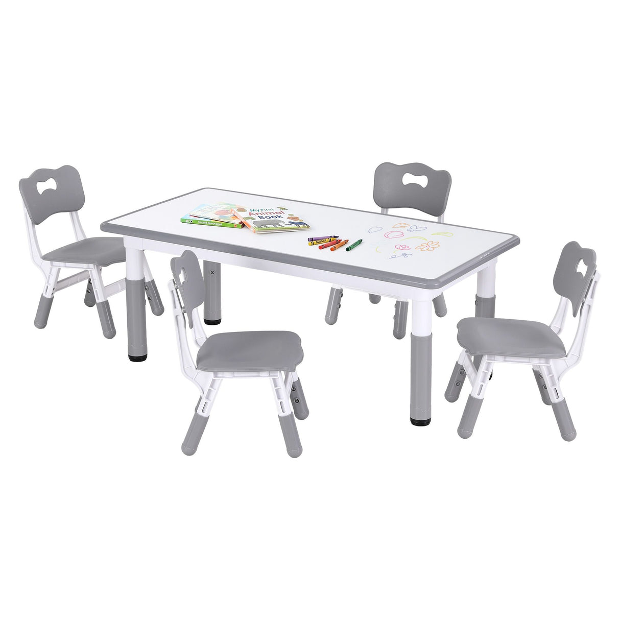 Grey kids height adjustable table and four chairs set