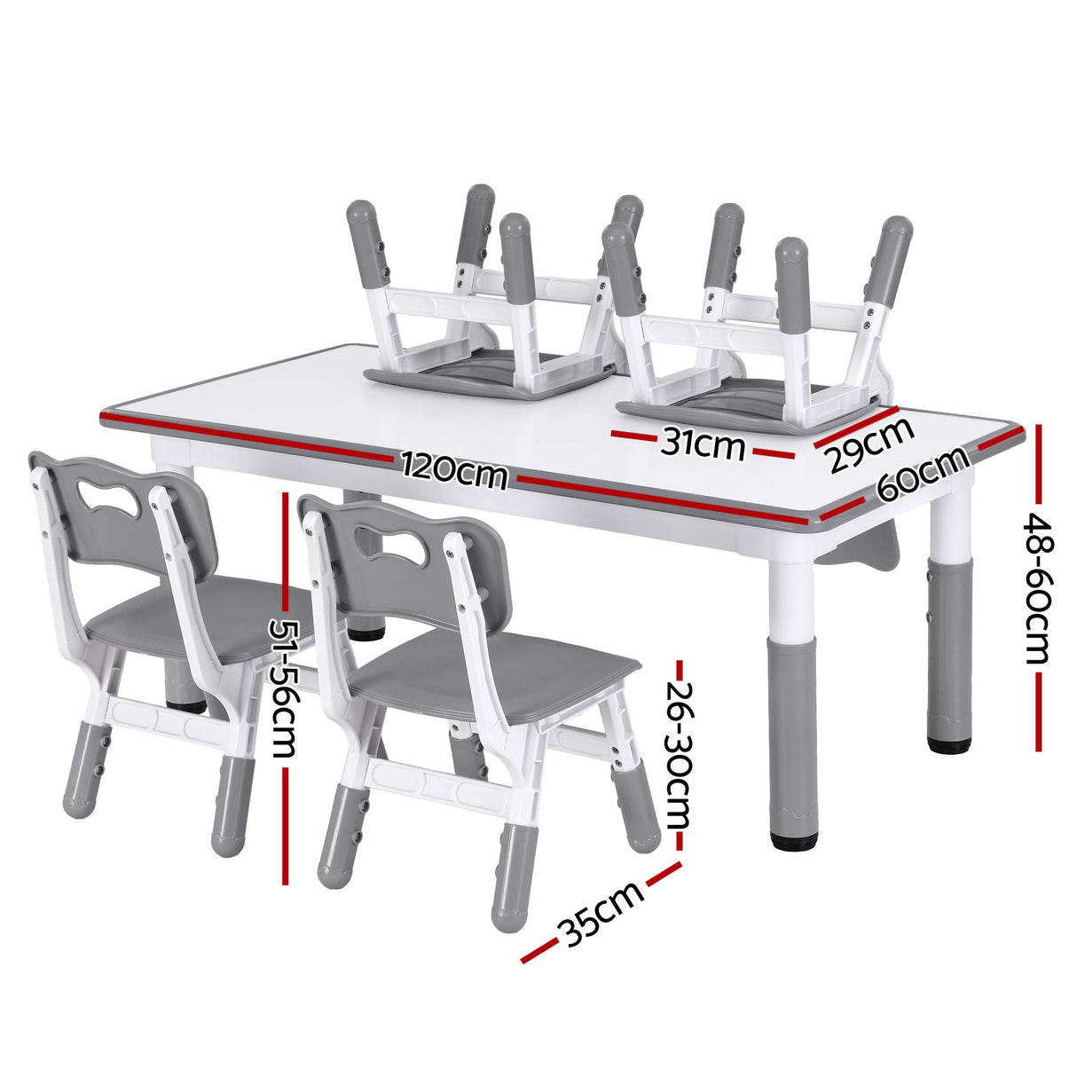 Children's adjustable table and chairs with draw-on top