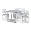 Hawea two in one kids table with two chairs and storage bench in white and grey