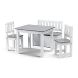 Hawea two in one kids table with two chairs and storage bench in white and grey
