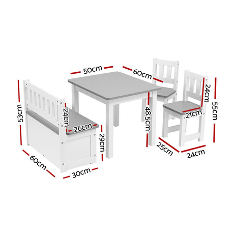 Kids Activity Table, Storage Bench and 2 Chairs Set, Grey