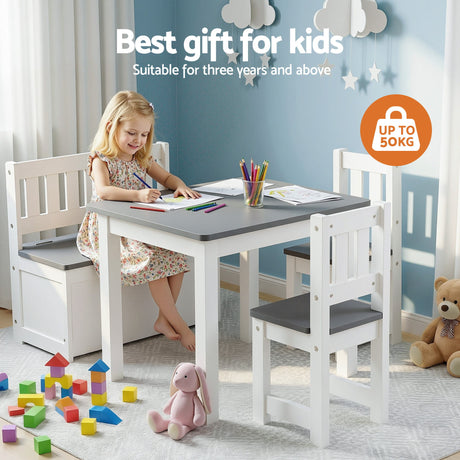 Kids Activity Table, Storage Bench and 2 Chairs Set, Grey