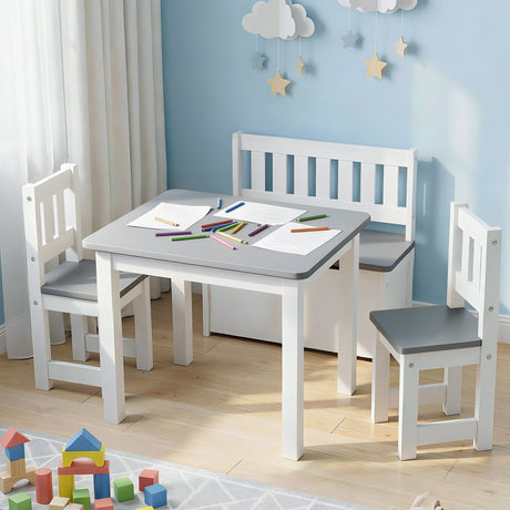 Kids Activity Table, Storage Bench and 2 Chairs Set, Grey