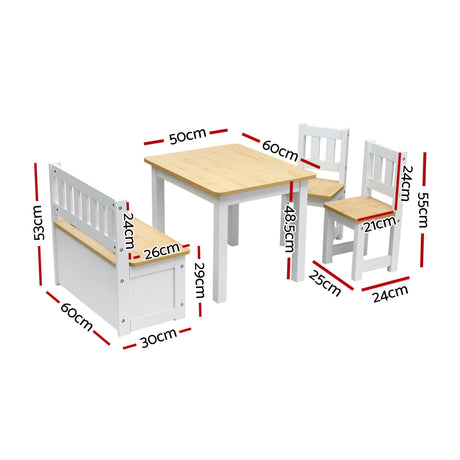 Kids Activity Table, Storage Bench and 2 Chairs Set, Natural