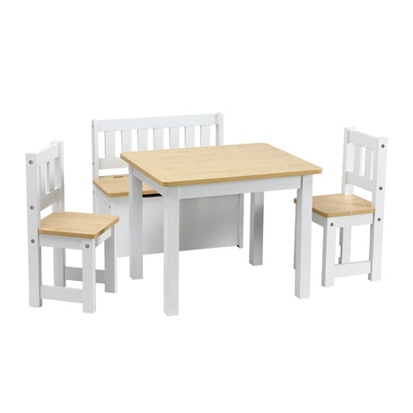 Kids Activity Table, Storage Bench and 2 Chairs Set, Natural