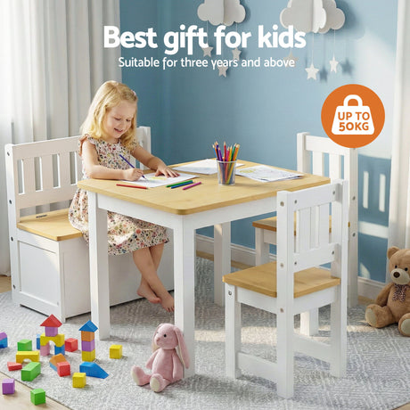 Kids Activity Table, Storage Bench and 2 Chairs Set, Natural