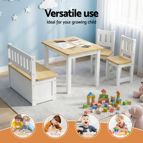 Kids Activity Table, Storage Bench and 2 Chairs Set, Natural