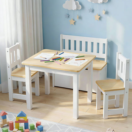 Kids Activity Table, Storage Bench and 2 Chairs Set, Natural
