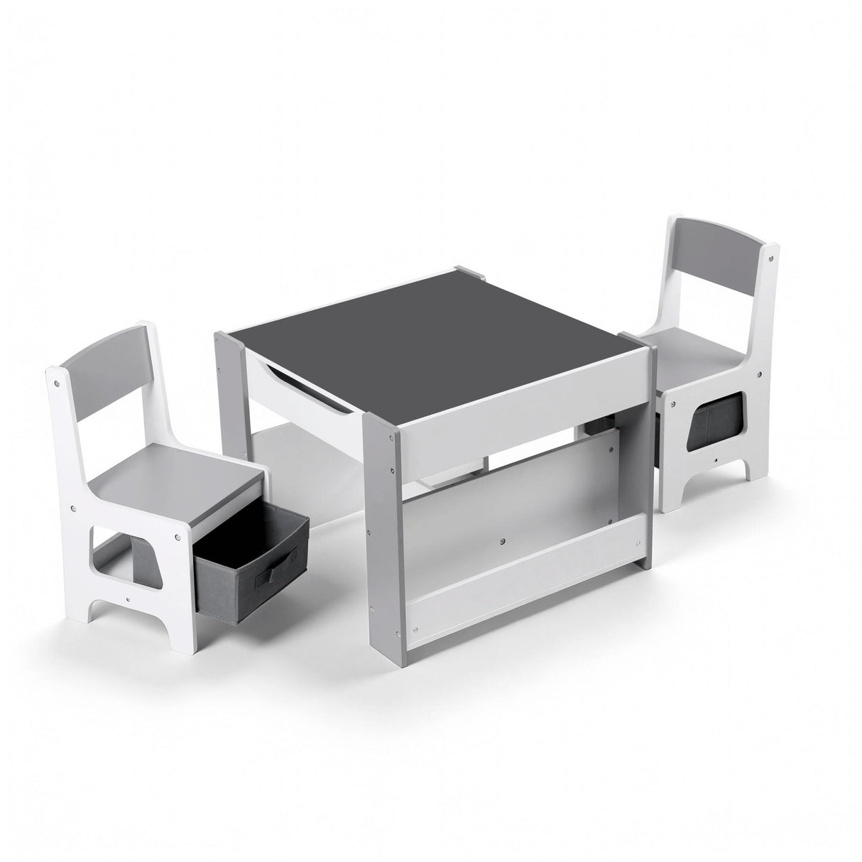Kids Activity Table and 2 Chairs Set with Blackboard and Storage, Grey