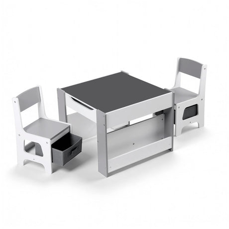 Kids Activity Table and 2 Chairs Set with Blackboard and Storage, Grey