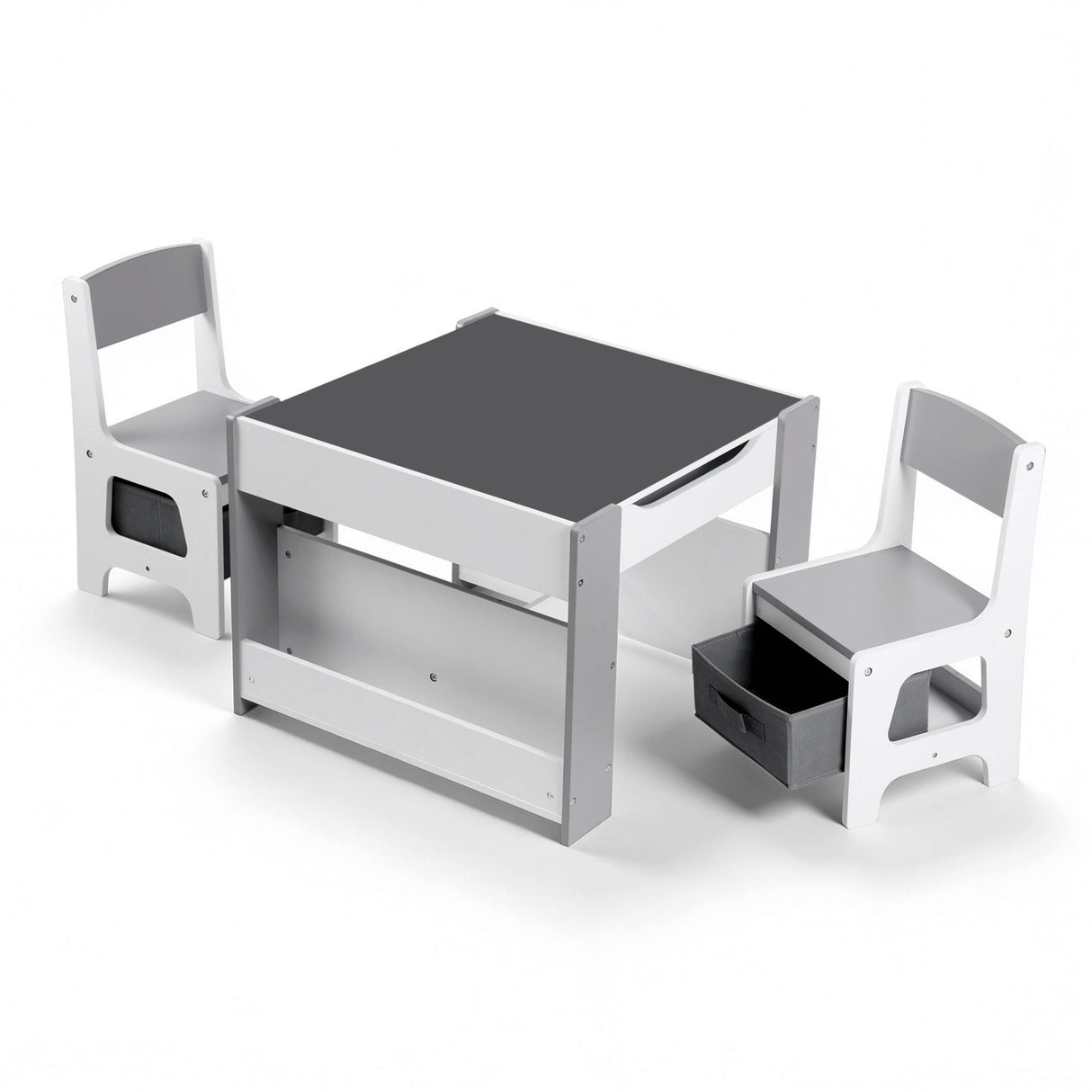 Kids Activity Table and 2 Chairs Set with Blackboard and Storage, Grey