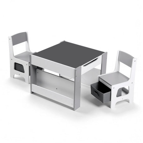 Kids Activity Table and 2 Chairs Set with Blackboard and Storage, Grey