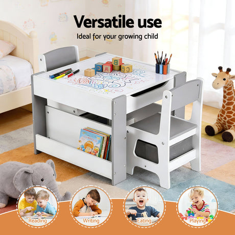 Kids Activity Table and 2 Chairs Set with Blackboard and Storage, Grey