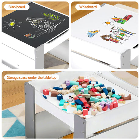Kids Activity Table and 2 Chairs Set with Blackboard and Storage, Grey
