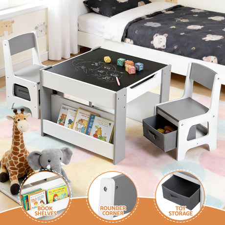 Kids Activity Table and 2 Chairs Set with Blackboard and Storage, Grey