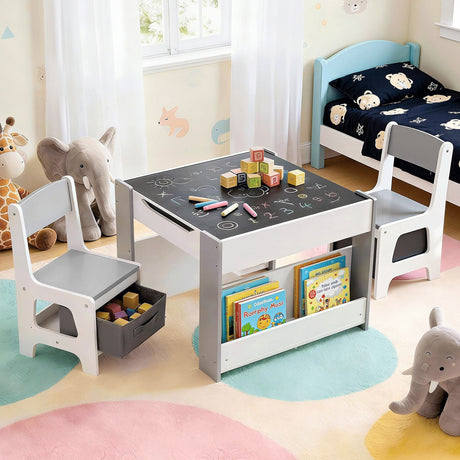 Kids Activity Table and 2 Chairs Set with Blackboard and Storage, Grey