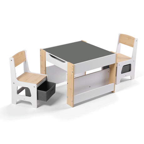 Kids Activity Table and 2 Chairs Set with Blackboard and Storage, Natural