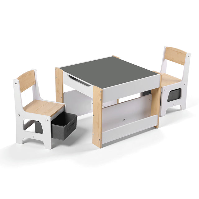 Kids Activity Table and 2 Chairs Set with Blackboard and Storage, Natural