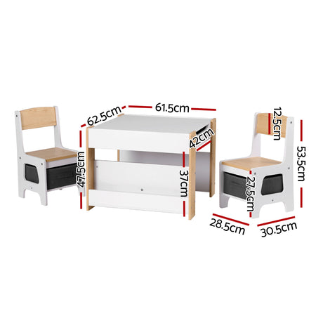 Kids Activity Table and 2 Chairs Set with Blackboard and Storage, Natural