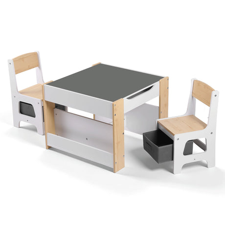 Kids Activity Table and 2 Chairs Set with Blackboard and Storage, Natural