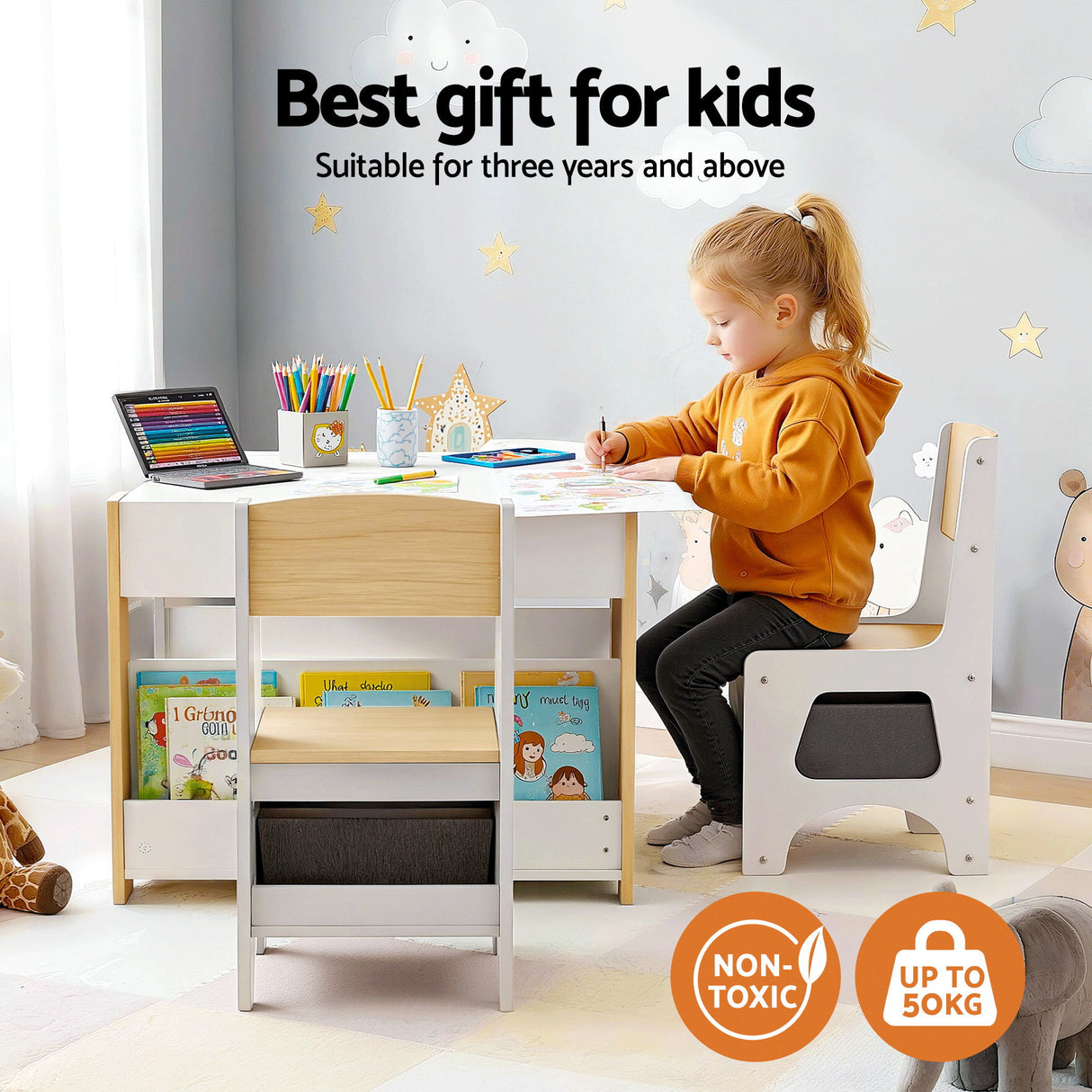 Kids Activity Table and 2 Chairs Set with Blackboard and Storage, Natural