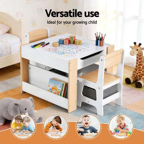 Kids Activity Table and 2 Chairs Set with Blackboard and Storage, Natural