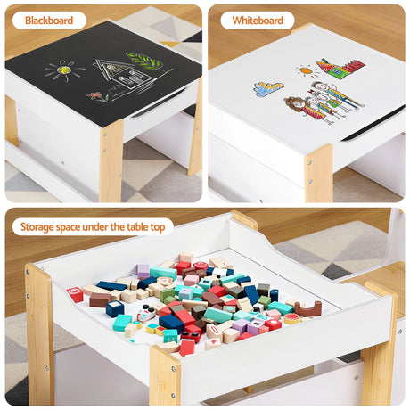 Kids Activity Table and 2 Chairs Set with Blackboard and Storage, Natural