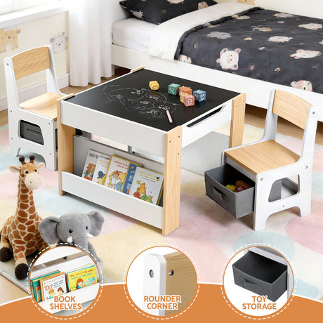 Kids Activity Table and 2 Chairs Set with Blackboard and Storage, Natural