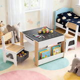 Kids Activity Table and 2 Chairs Set with Blackboard and Storage, Natural