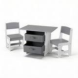 Kids table and two chairs set with storage drawers in white and grey