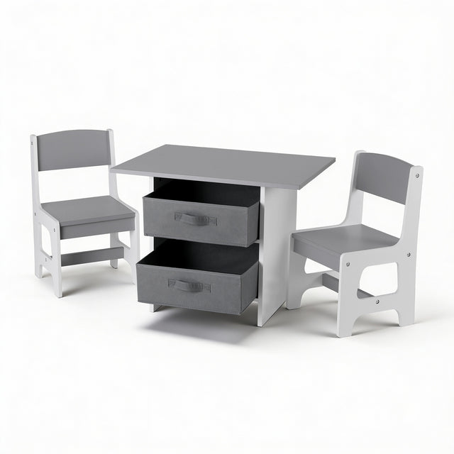 Kids table and two chairs set with storage drawers in white and grey