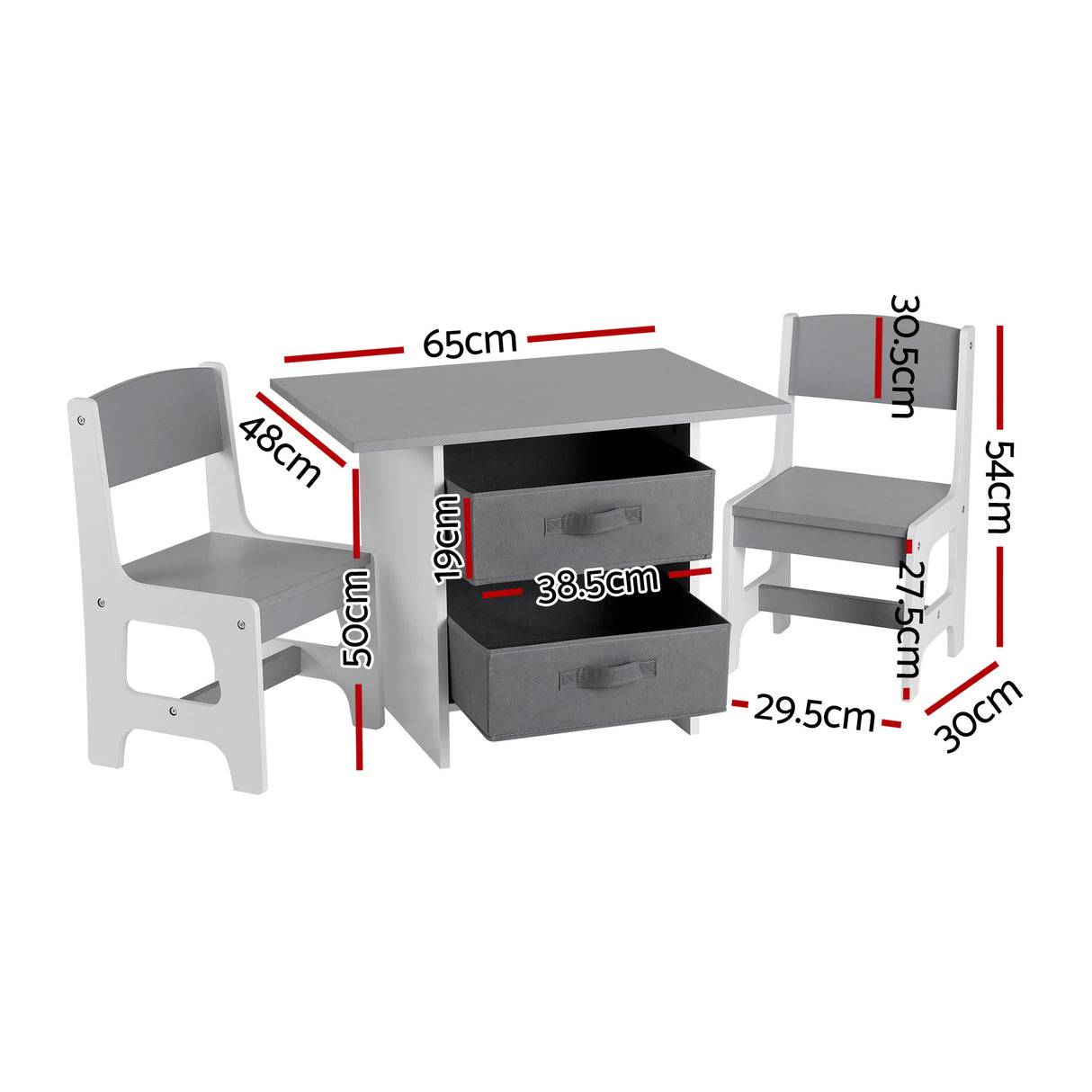 Kids table and two chairs set with storage drawers in white and grey