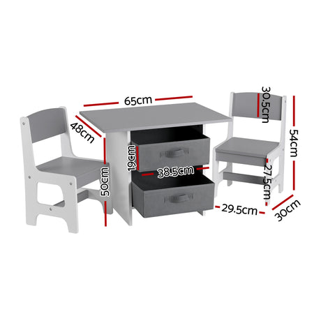 Kids table and two chairs set with storage drawers in white and grey