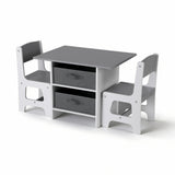 Kids table and two chairs set with storage drawers in white and grey