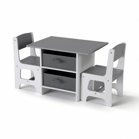 Kids table and two chairs set with storage drawers in white and grey