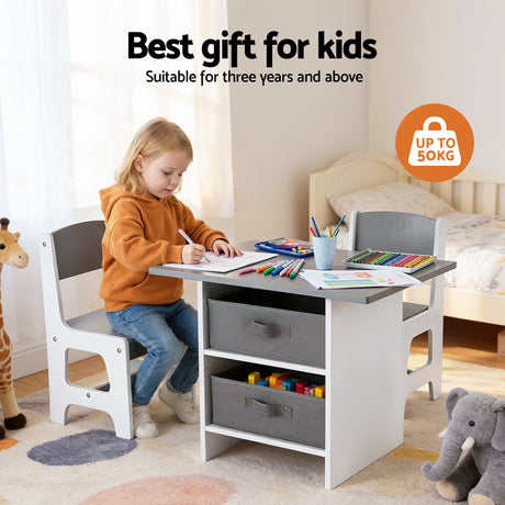 Kids table and two chairs set with storage drawers in white and grey