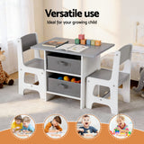 Kids table and two chairs set with storage drawers in white and grey