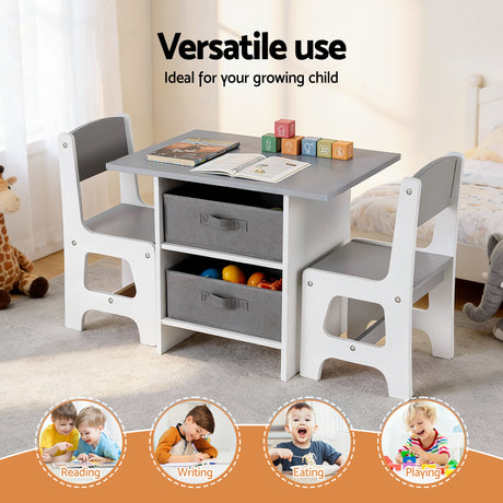 Kids table and two chairs set with storage drawers in white and grey