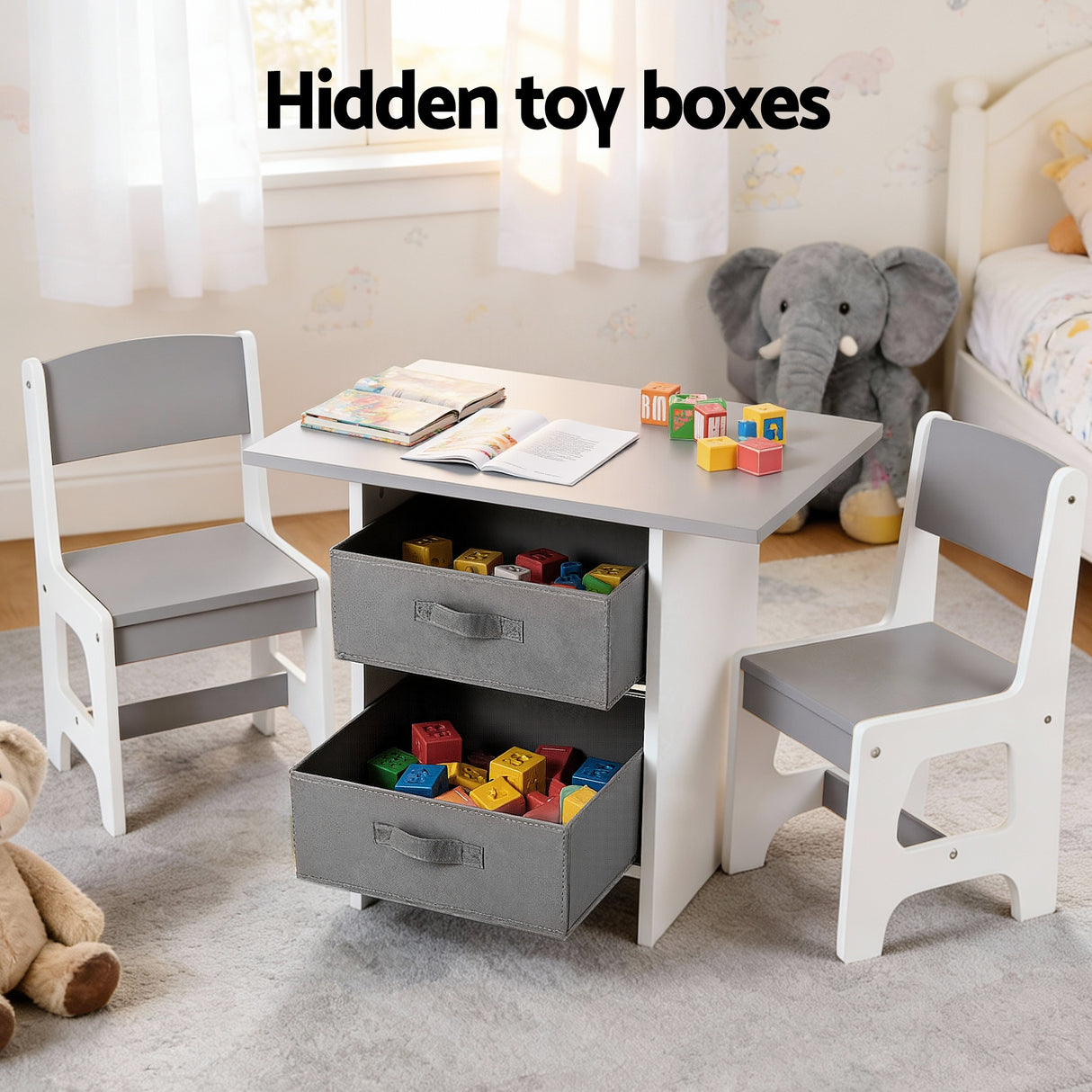 Kids table and two chairs set with storage drawers in white and grey