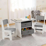 Kids table and two chairs set with storage drawers in white and grey