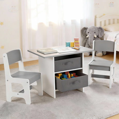 Kids table and two chairs set with storage drawers in white and grey