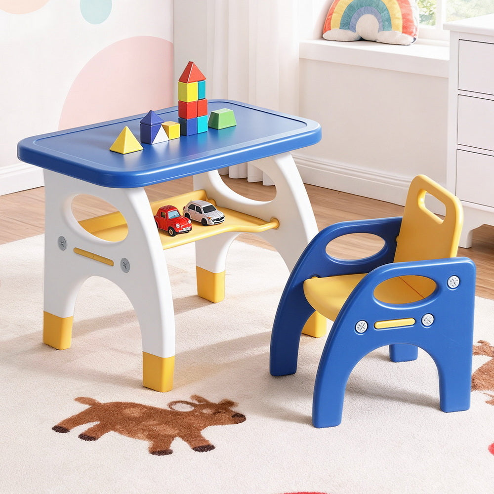 Kids table and chair set in blue and yellow