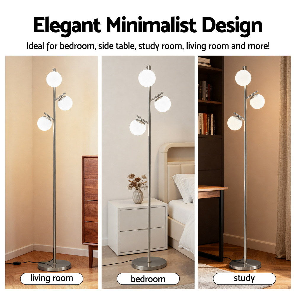 3 Light Tree Floor Lamp Silver with Glass Sphere Shades