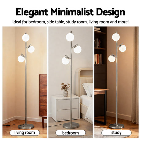 3 Light Tree Floor Lamp Silver with Glass Sphere Shades